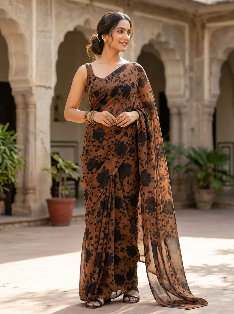 Brown and Black Floral Silhouette Weightless Digital Printed Fabric