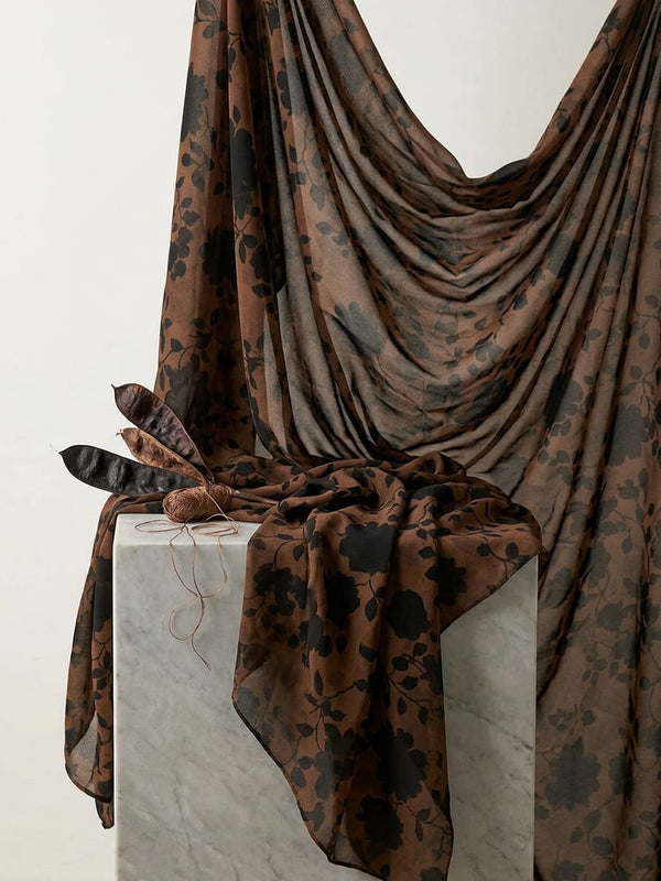 Brown and Black Floral Silhouette Weightless Digital Printed Fabric