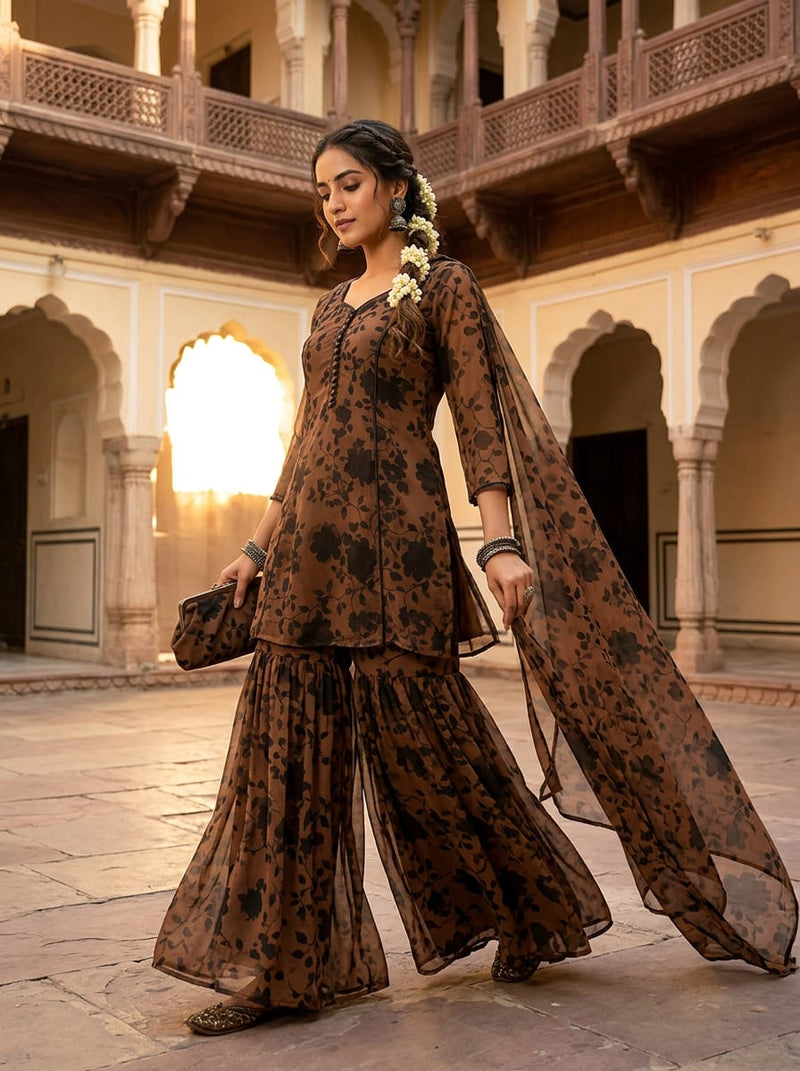 Brown and Black Floral Silhouette Weightless Digital Printed Fabric