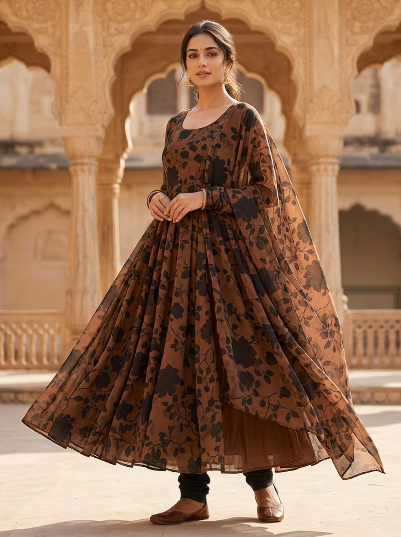 Brown and Black Floral Silhouette Weightless Digital Printed Fabric