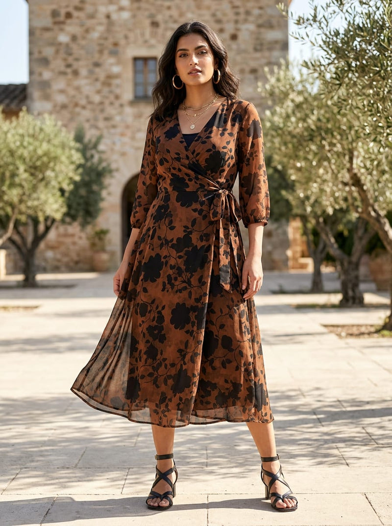 Brown and Black Floral Silhouette Weightless Digital Printed Fabric