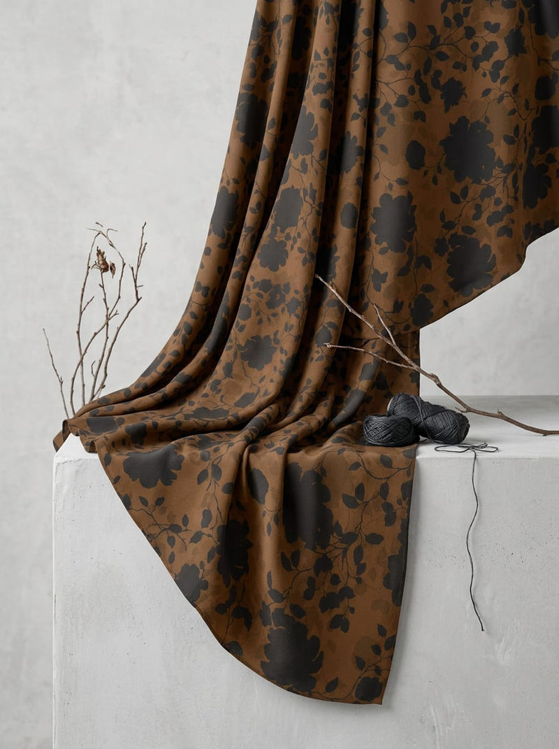 Brown Botanical Floral Silhouette Print Silk Crepe Digital Printed Fabric
