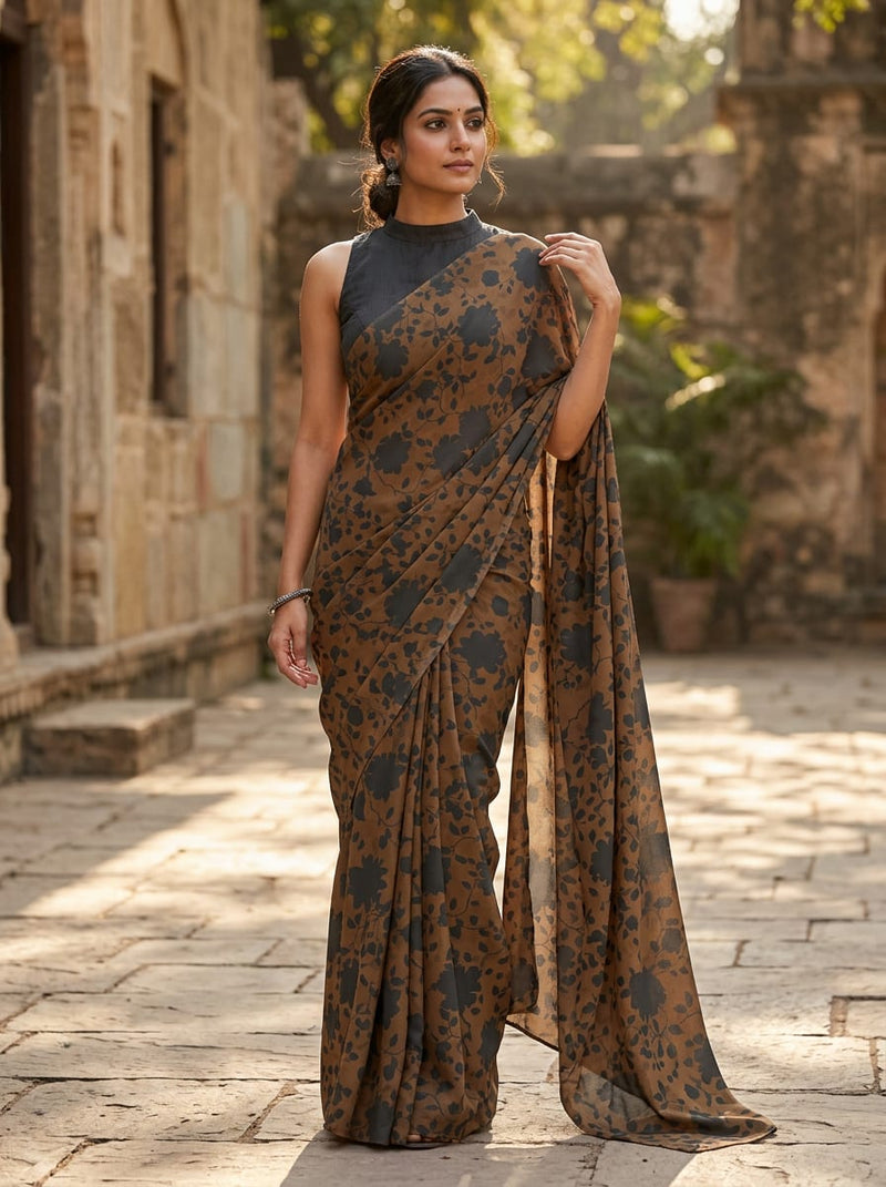 Brown Botanical Floral Silhouette Print Silk Crepe Digital Printed Fabric
