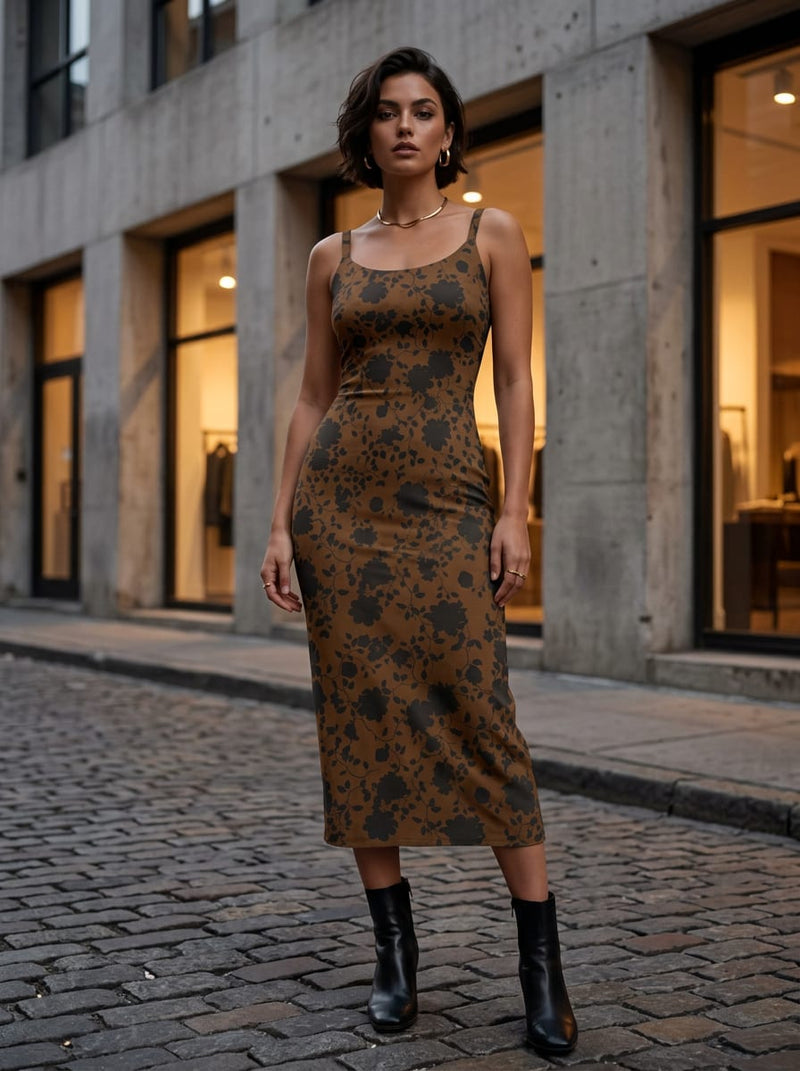 Brown Botanical Floral Silhouette Print Silk Crepe Digital Printed Fabric