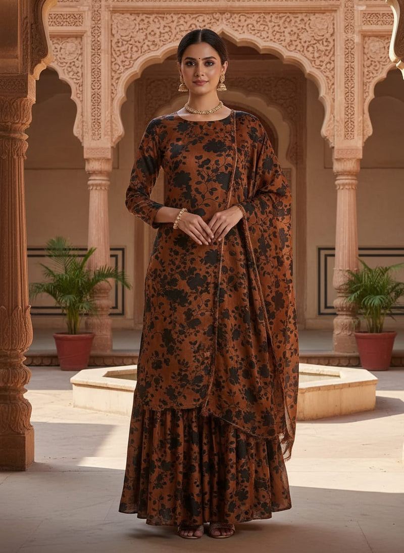 Black And Rustic Look Flower Digital Printed Fabric - Upada Silk