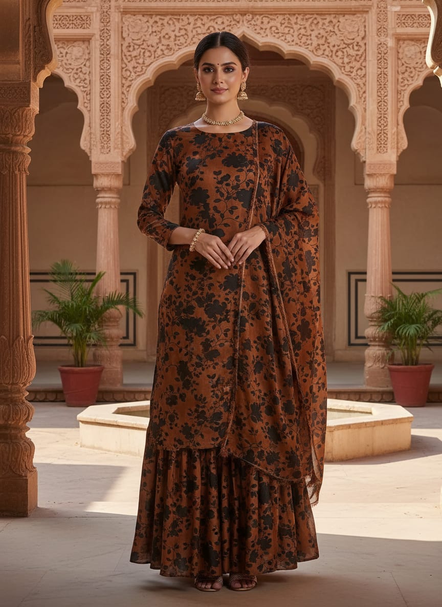 Black And Rustic Look Flower Digital Printed Fabric - Upada Silk