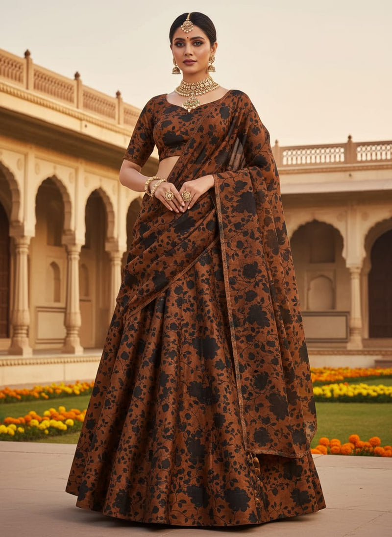 Black And Rustic Look Flower Digital Printed Fabric - Upada Silk