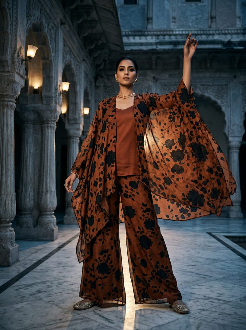 Brown Black Shadow Floral Upada Silk Digital Printed Fabric