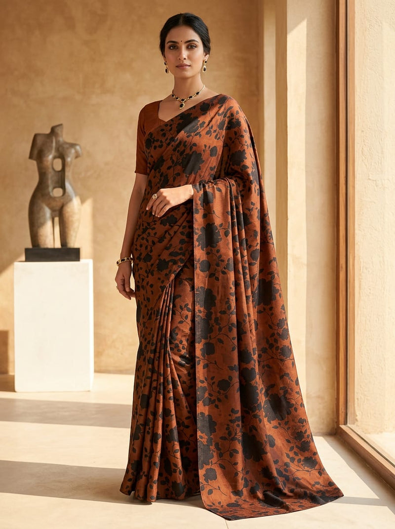 Brown Black Shadow Floral Upada Silk Digital Printed Fabric