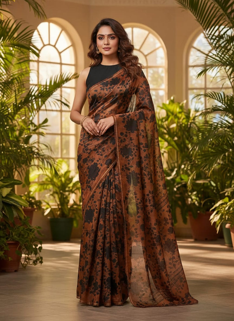 Black And Rustic Look Flower Digital Printed Fabric - Upada Silk