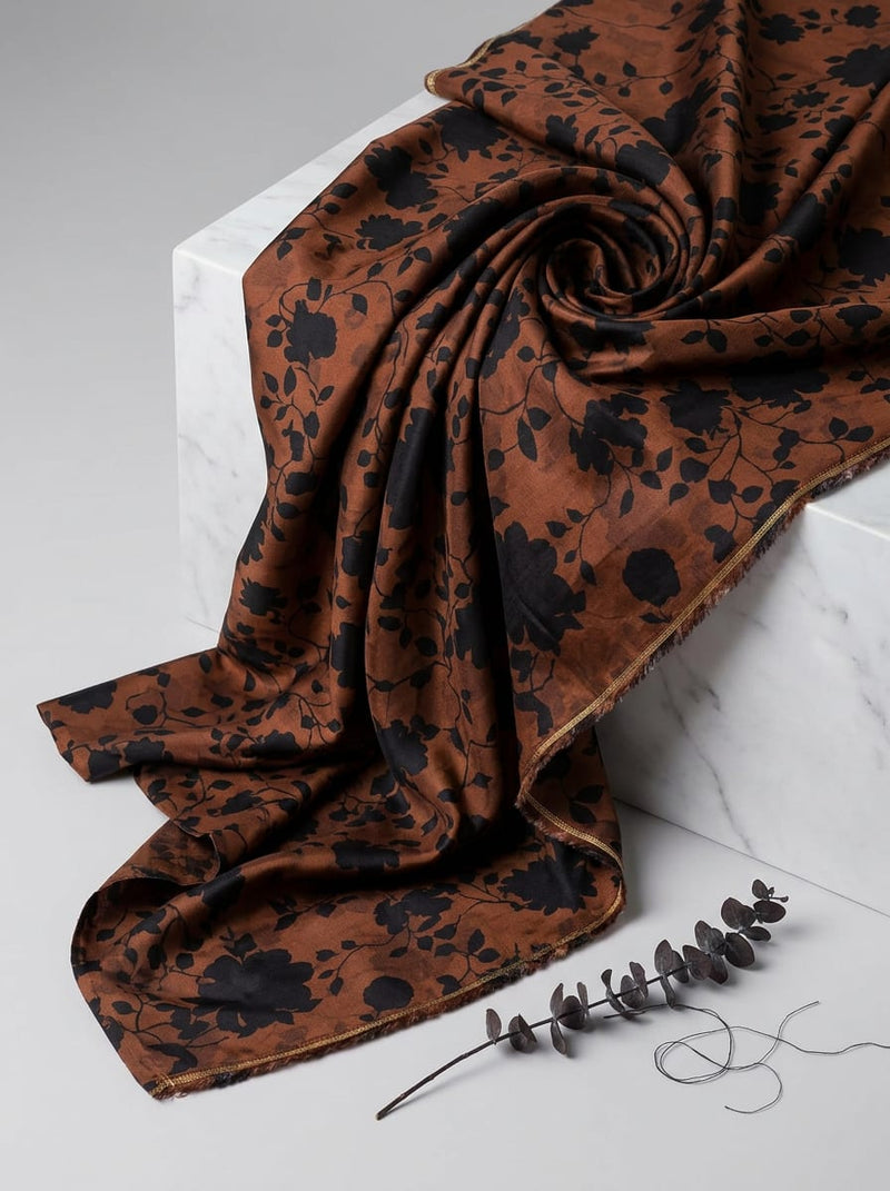 Brown Black Shadow Floral Upada Silk Digital Printed Fabric