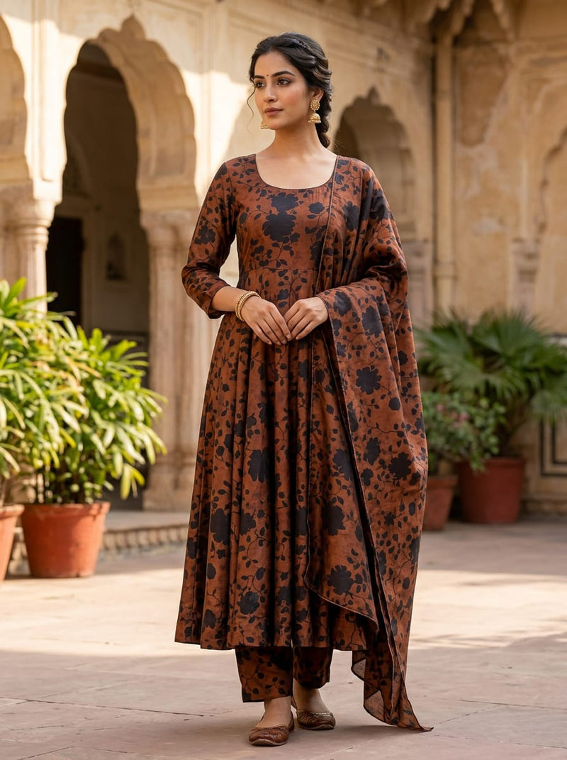 Brown Black Shadow Floral Upada Silk Digital Printed Fabric