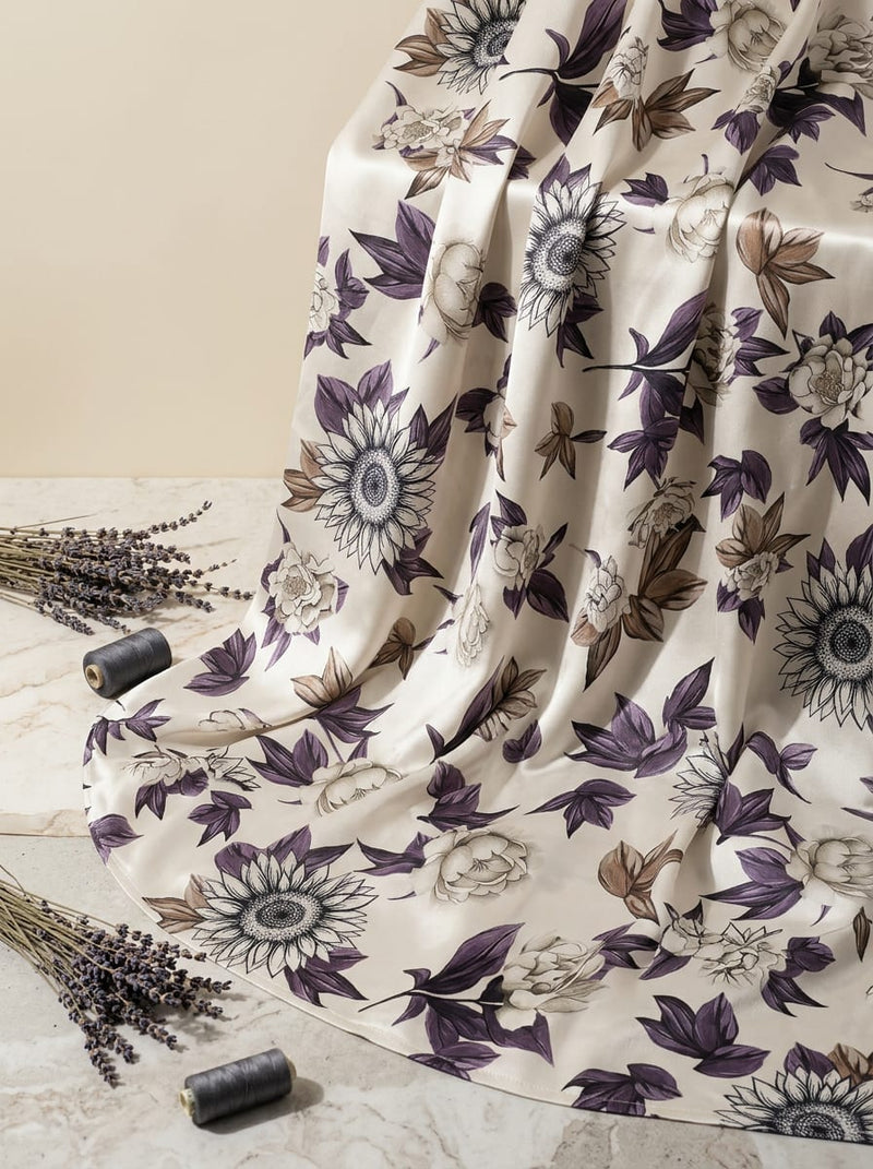 Cream Vintage Botanical Floral Japan Satin Digital Printed Fabric