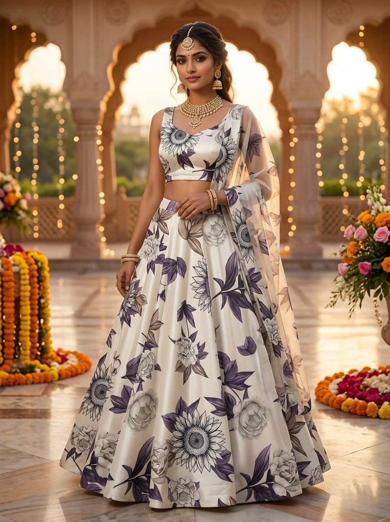 Cream Vintage Botanical Floral Japan Satin Digital Printed Fabric