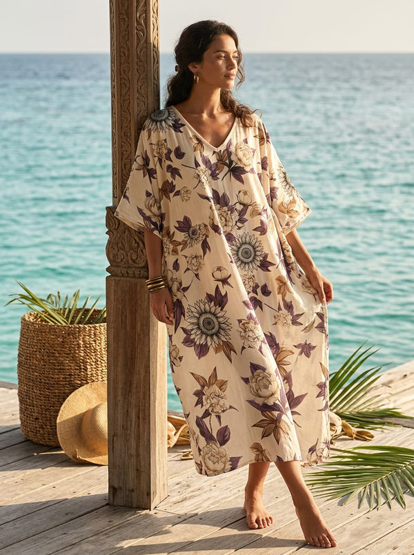 Cream Vintage Floral and Sunflower Muslin Digital Printed Fabric - Kaftan Lookbook - MU-0-TA07596-110 - alternate view