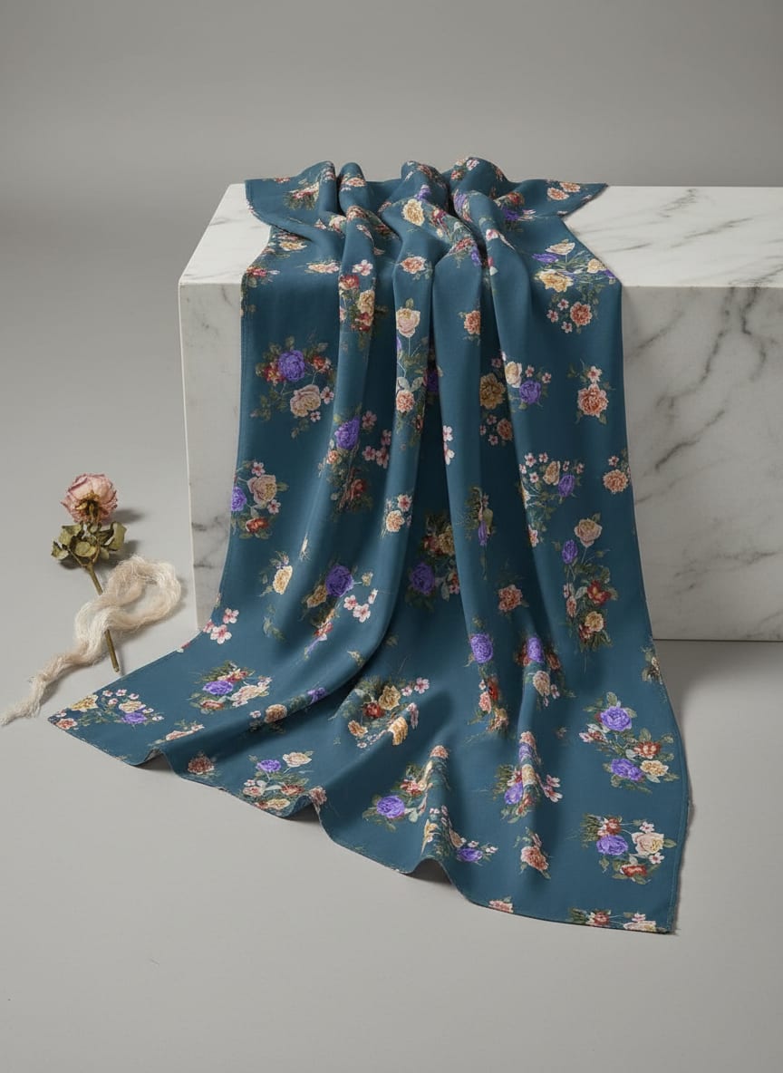 Teal Classic Rose Bouquet Floral Japan Satin Digital Printed Fabric