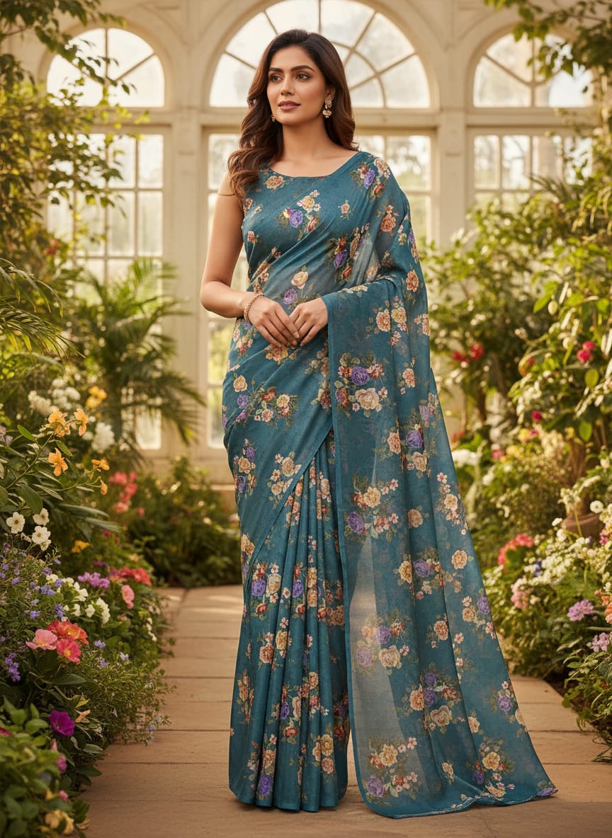 Colourful Flower Bunch Digital Printed Fabric - Kora Silk