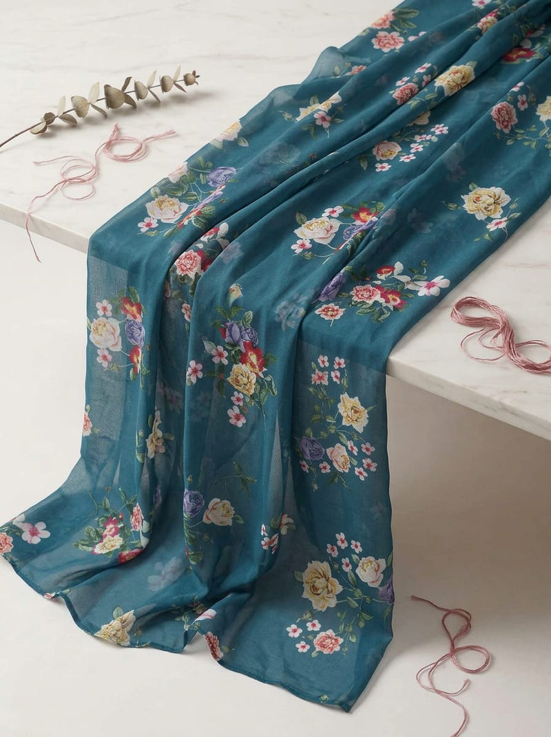 Teal Scattered Roses Floral Weightless Digital Printed Fabric