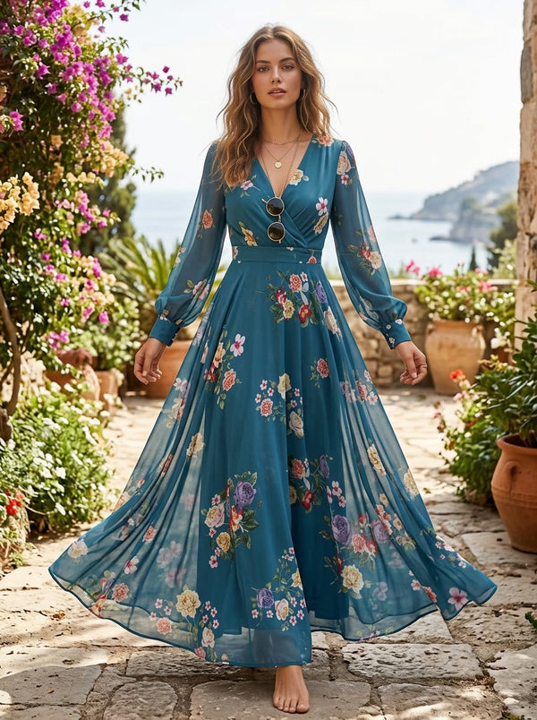 Teal Scattered Roses Floral Weightless Digital Printed Fabric - Flowy Maxi Dress Lookbook - WE-0-TA07614-110 - alternate view