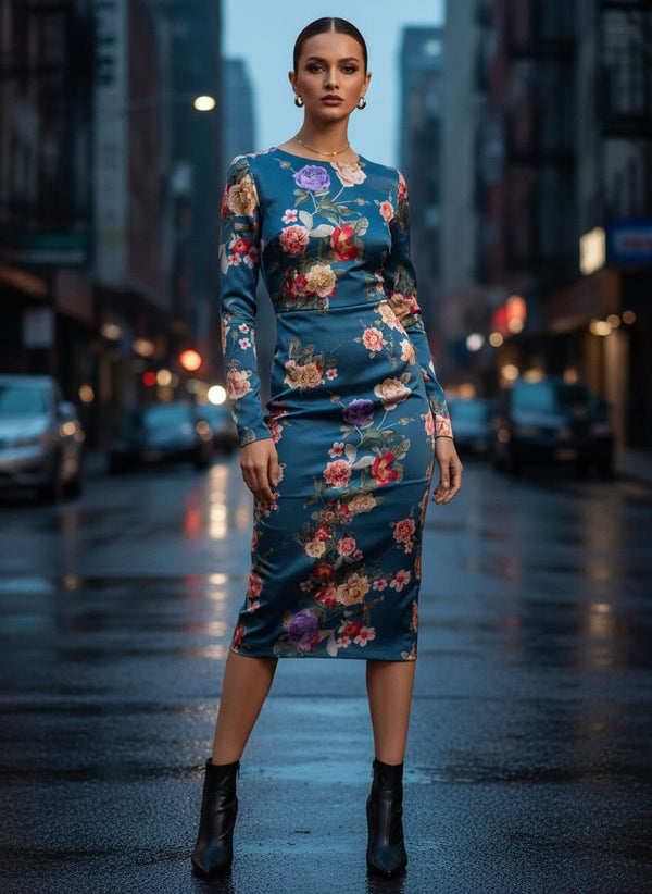 Teal Vintage Rose Floral Silk Crepe Digital Printed Fabric - Bodycon Midi Dress Lookbook - CR-0-TA07614-110 - alternate view
