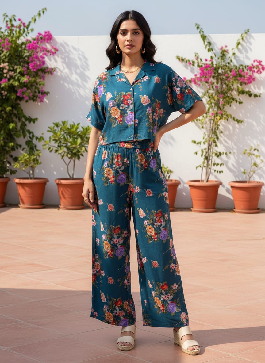 Teal Vintage Floral Bouquets Pure Cotton Digital Printed Fabric