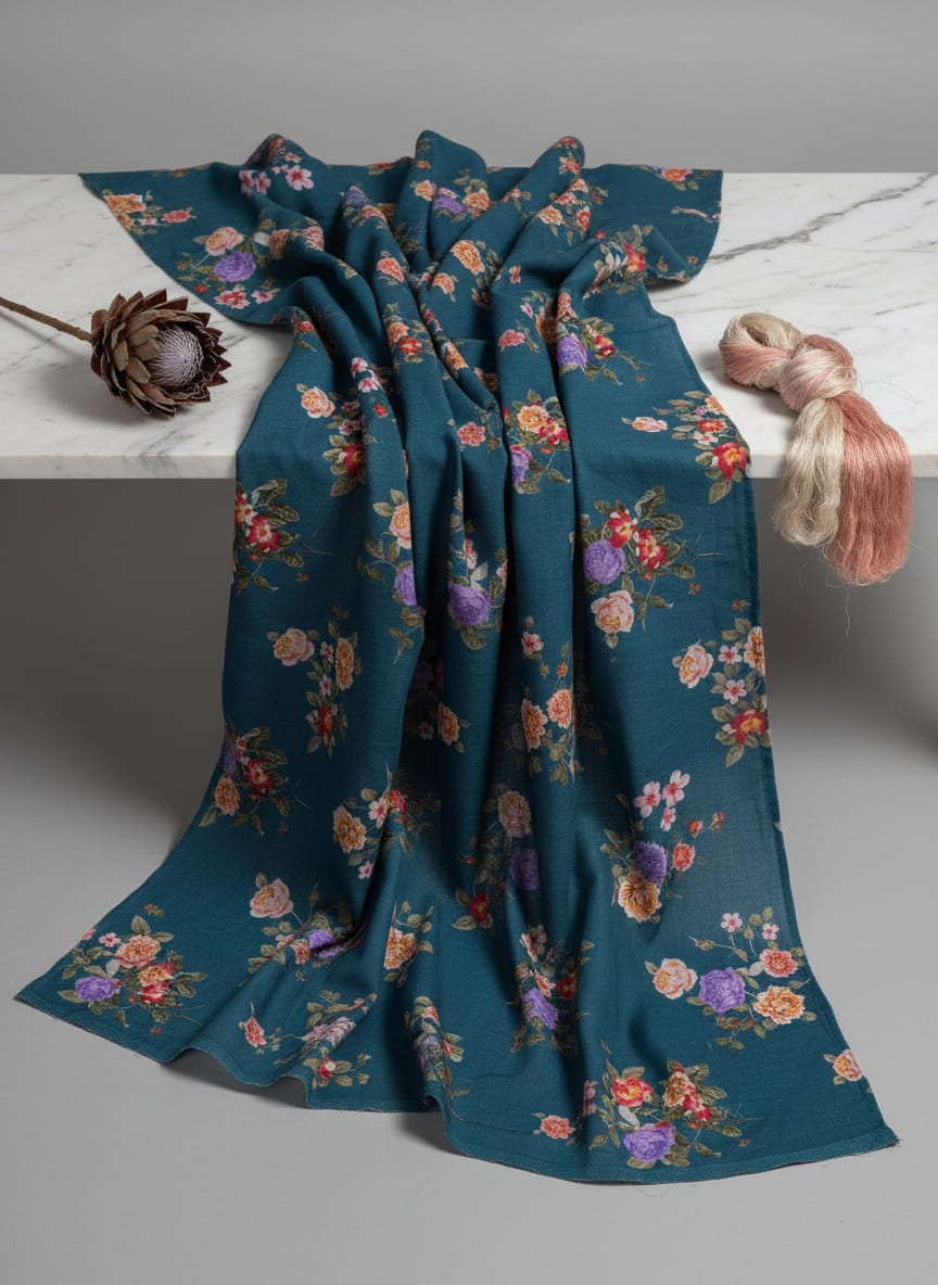 Teal Vintage Floral Bouquets Pure Cotton Digital Printed Fabric