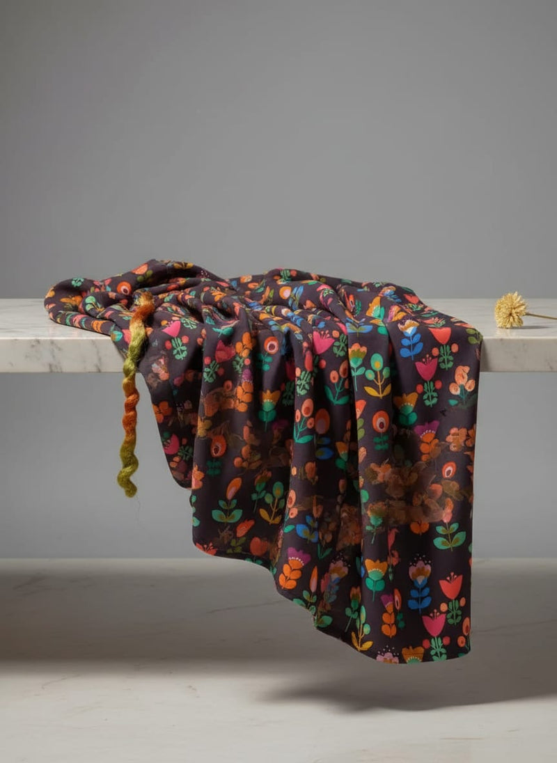 Sketchy Flowers Pattern Digital Printed Fabric - Kora Silk