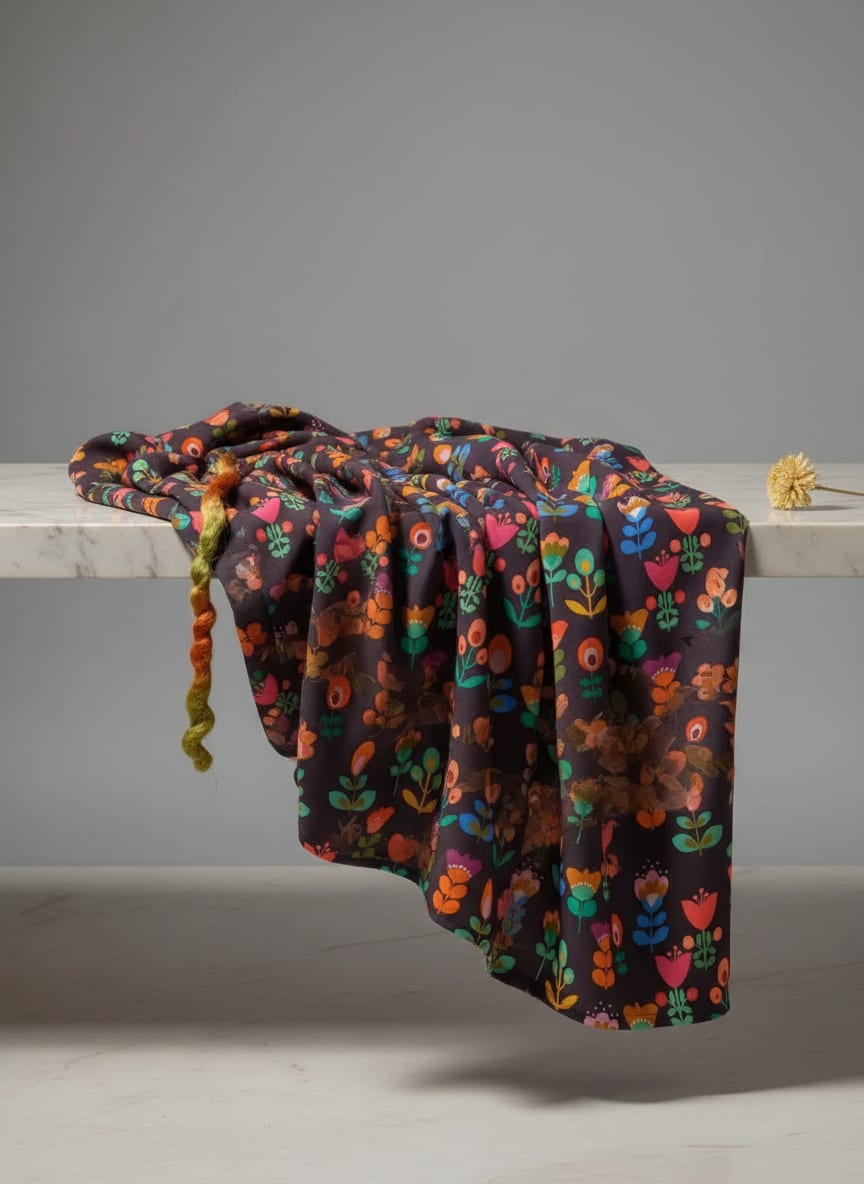 Sketchy Flowers Pattern Digital Printed Fabric - Kora Silk
