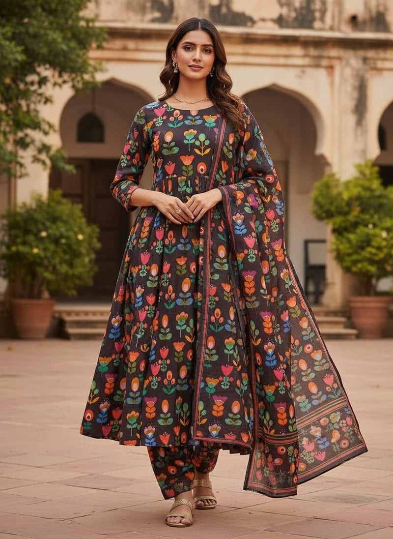 Multicolor Stylized Folk Floral Pattern Kora Silk Digital Printed Fabric