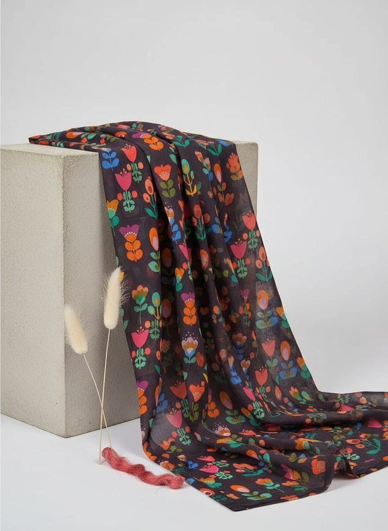 Sketchy Flowers Pattern Digital Printed Fabric - Kota Doria