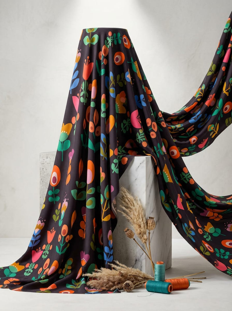 Multicolor Colorful Folk Art Floral Weightless Digital Printed Fabric
