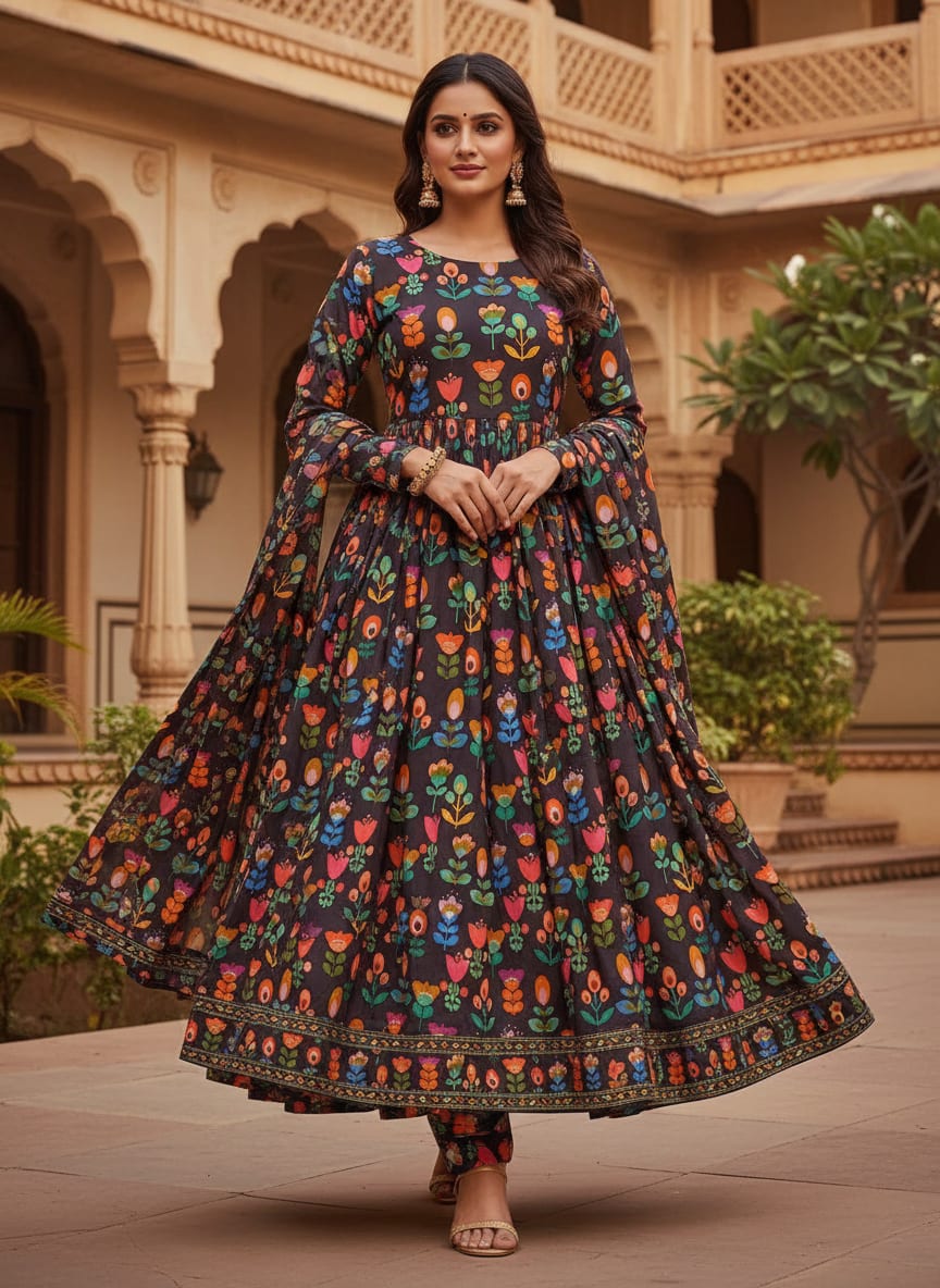 Multicolor Bohemian Folk Art Floral Upada Silk Digital Printed Fabric