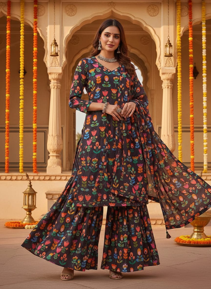 Multicolor Bohemian Folk Art Floral Upada Silk Digital Printed Fabric