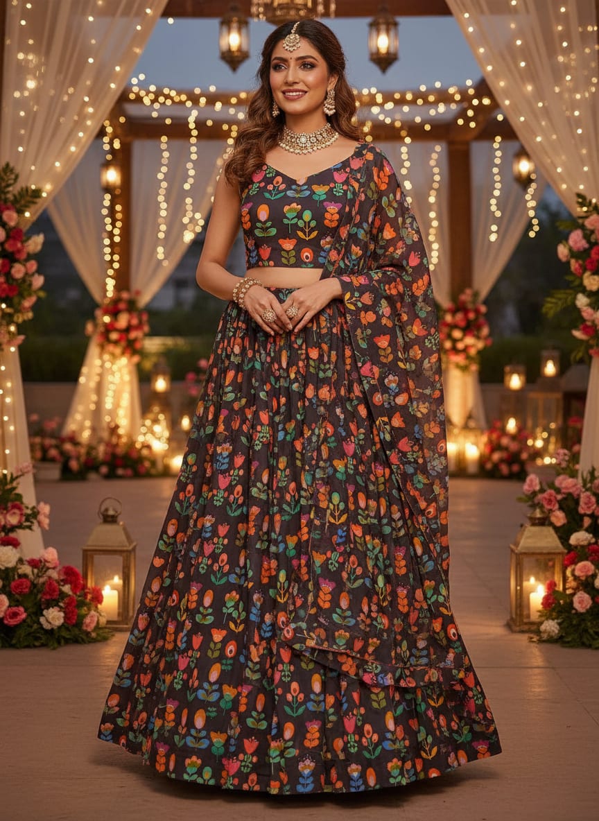 Multicolor Bohemian Folk Art Floral Upada Silk Digital Printed Fabric