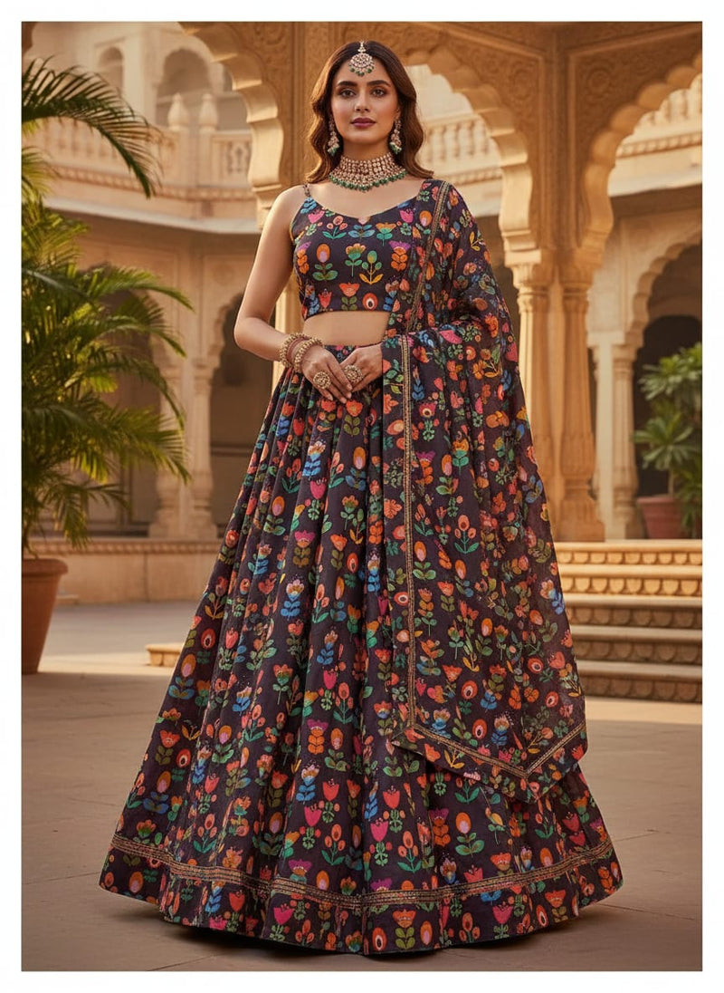 Multicolor Bohemian Folk Art Floral Upada Silk Digital Printed Fabric