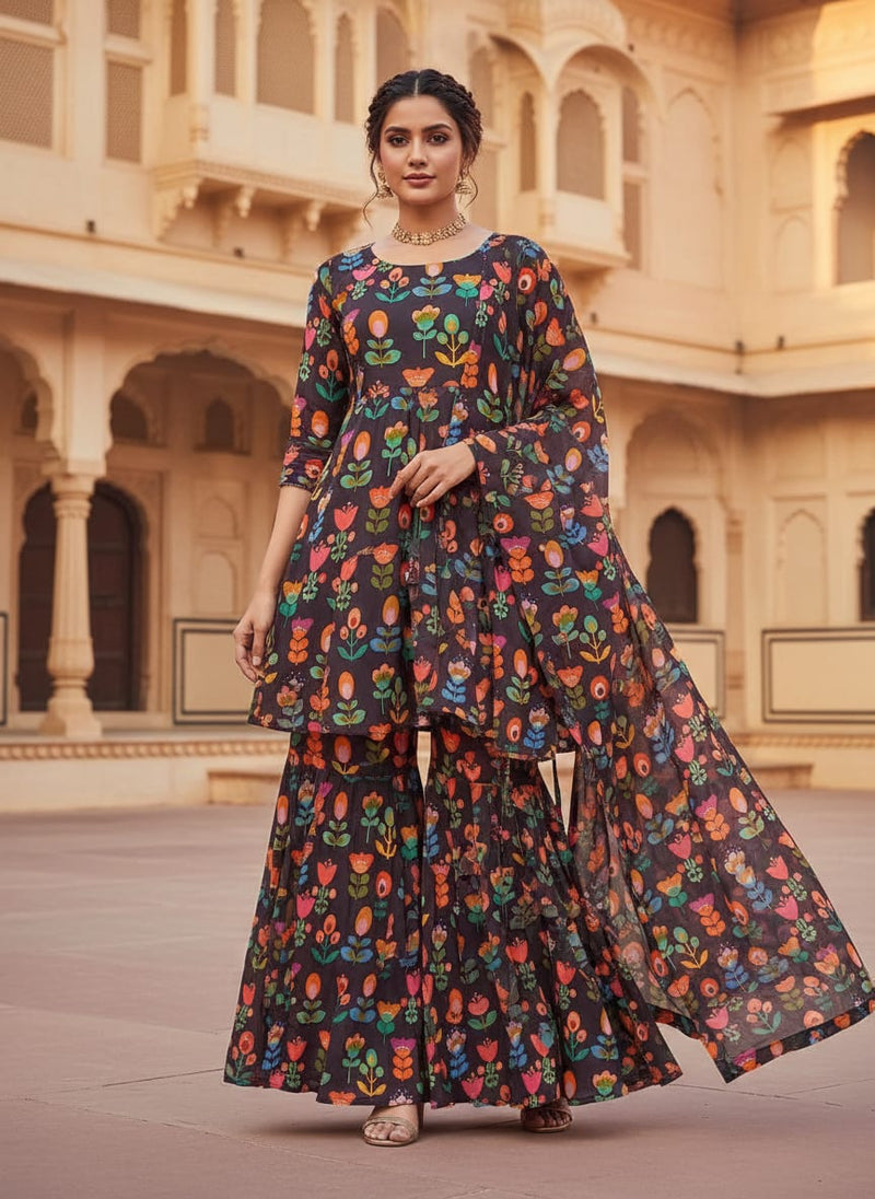 Multicolor Bohemian Folk Art Floral Upada Silk Digital Printed Fabric
