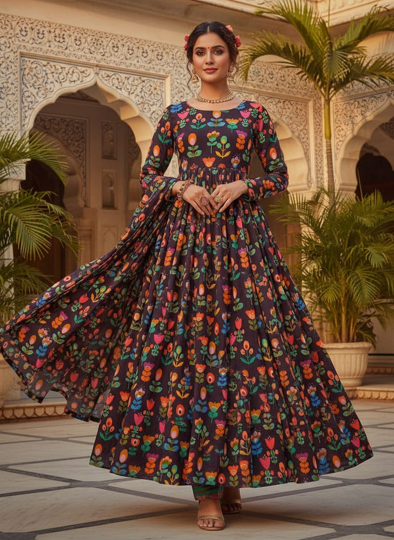 Multicolor Vibrant Folk Floral Pure Georgette Digital Printed Fabric