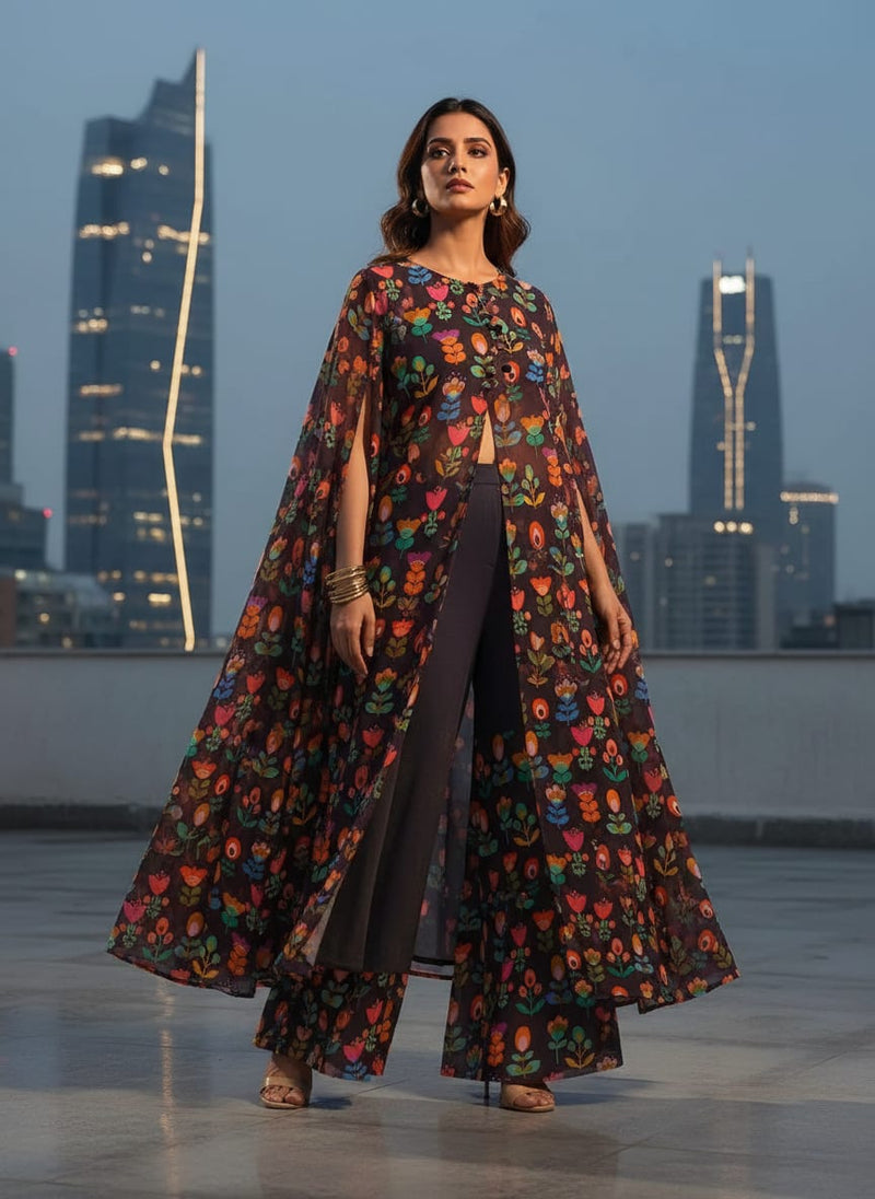 Multicolor Vibrant Folk Floral Pure Georgette Digital Printed Fabric
