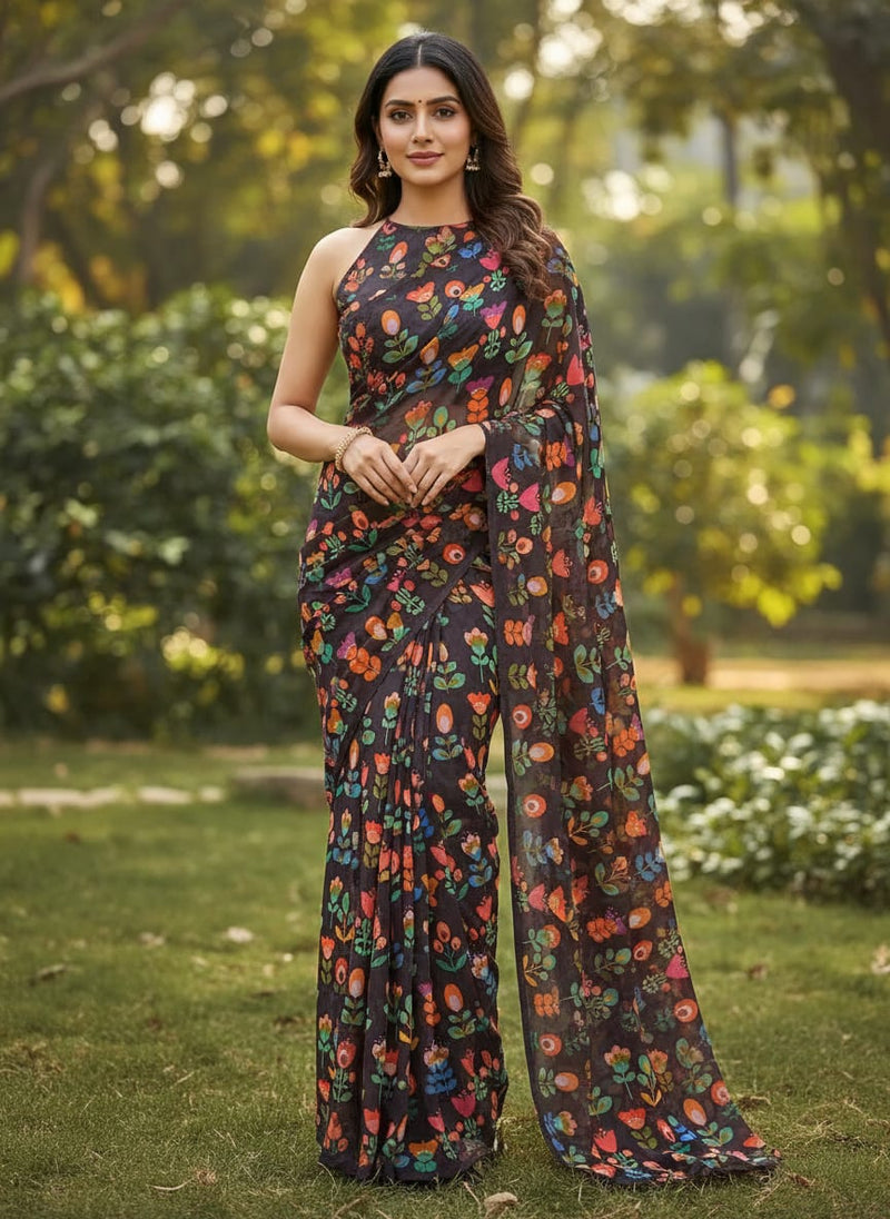 Multicolor Vibrant Folk Floral Pure Georgette Digital Printed Fabric