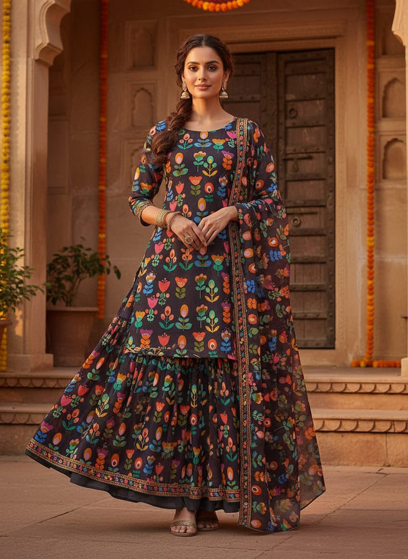 Multicolor Vibrant Folk Floral Pure Georgette Digital Printed Fabric