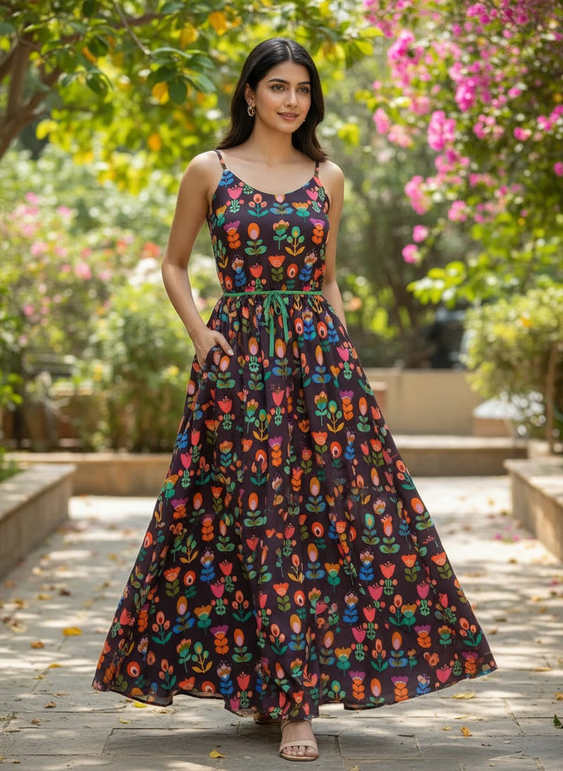 Multicolor Vibrant Folk Floral Pure Georgette Digital Printed Fabric