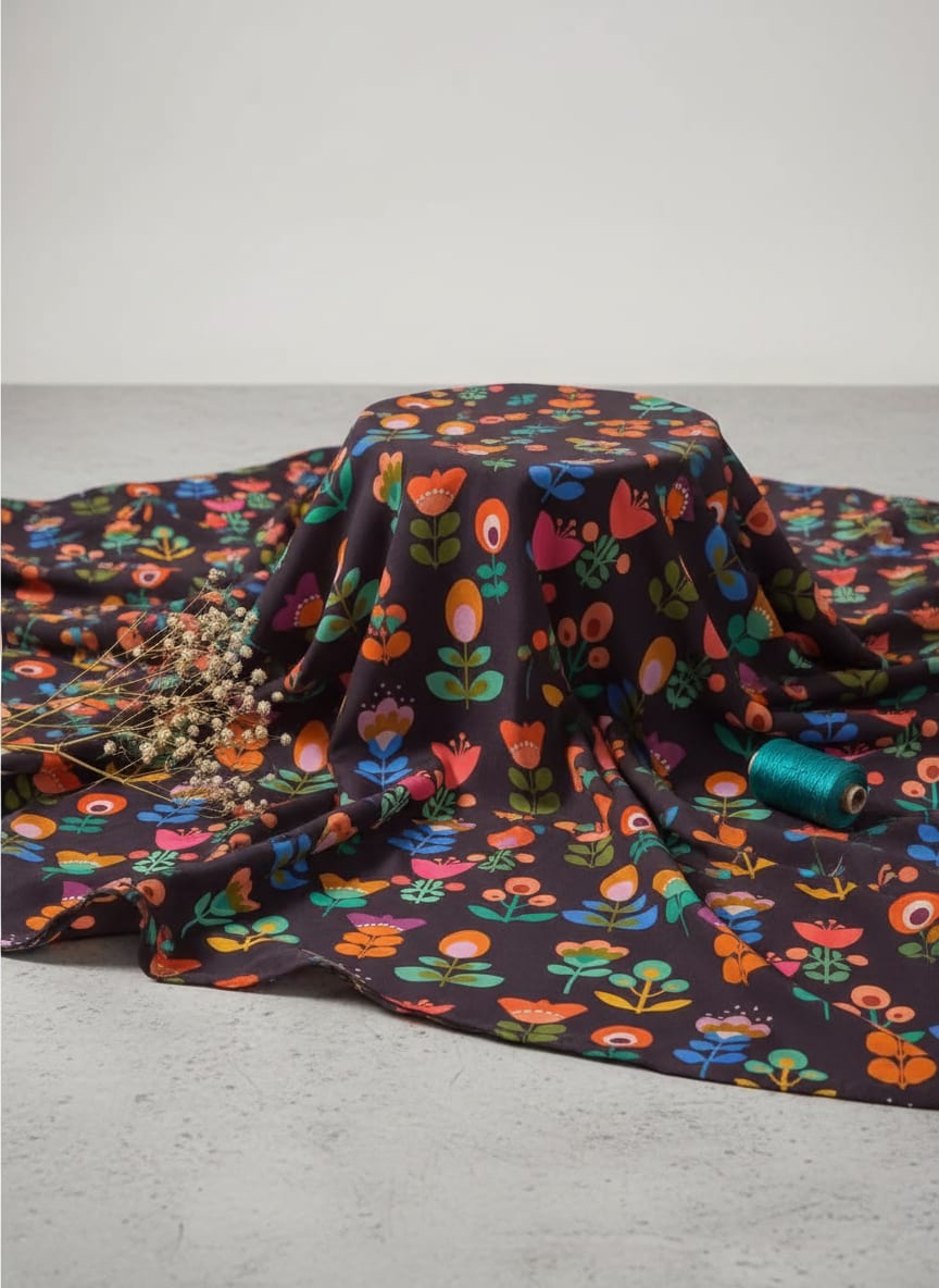 Multicolor Colorful Stylized Folk Floral Pure Chinon Digital Printed Fabric