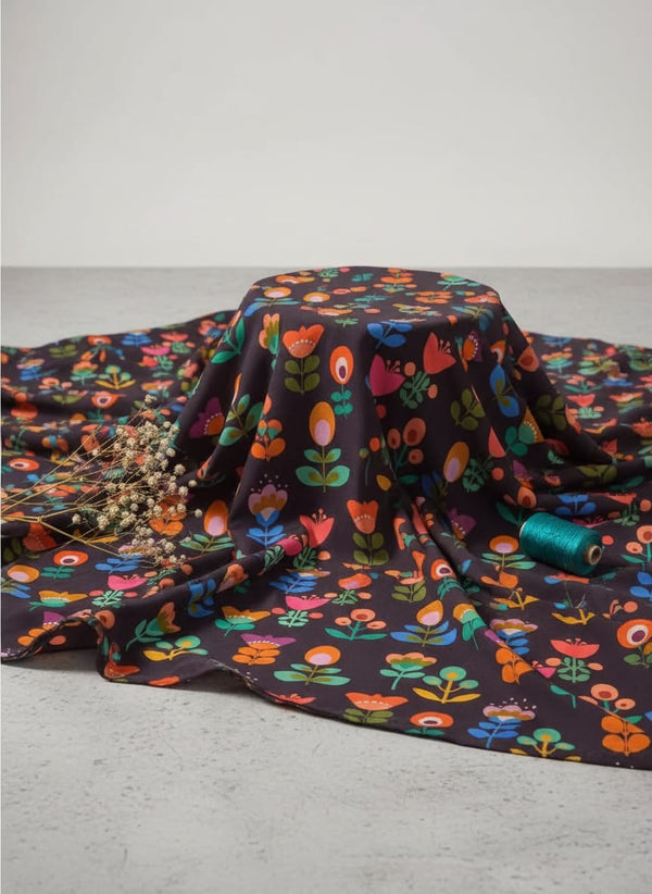 Multicolor Colorful Stylized Folk Floral Pure Chinon Digital Printed Fabric - Fabric Editorial Studio Flatlay Lookbook - PC-0-TA07617-106