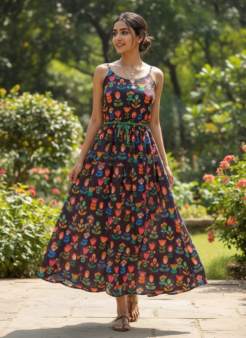 Multicolor Colorful Stylized Folk Floral Pure Chinon Digital Printed Fabric