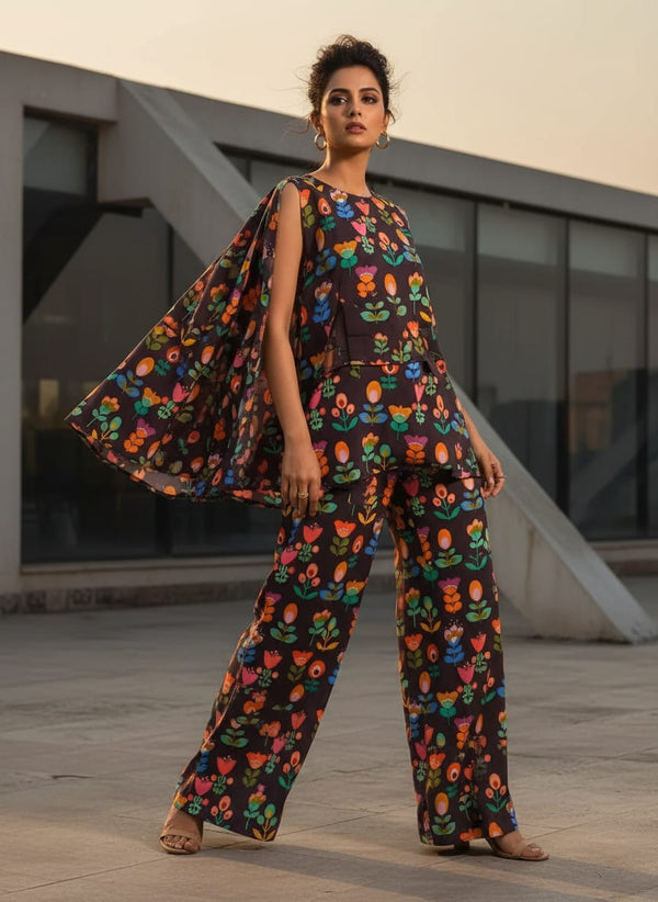 Multicolor Colorful Stylized Folk Floral Pure Chinon Digital Printed Fabric - Cape with Palazzo Lookbook - PC-0-TA07617-106 - alternate view