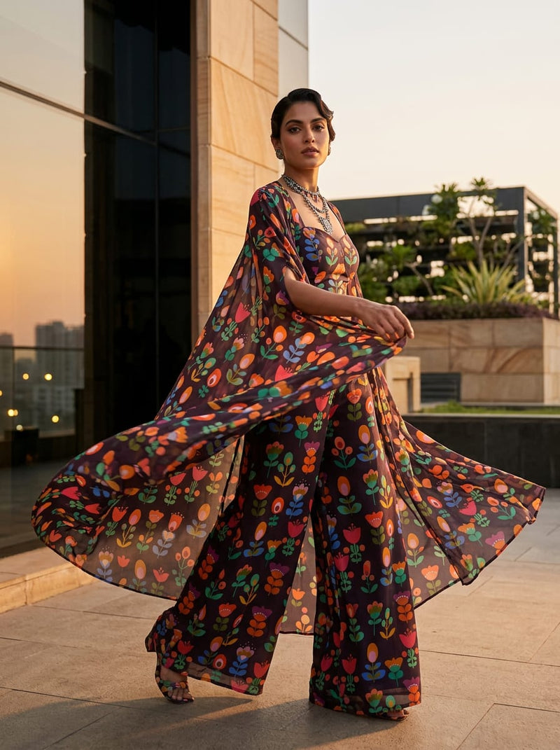 Multicolor Stylized Folk Art Floral Pure Chiffon Digital Printed Fabric