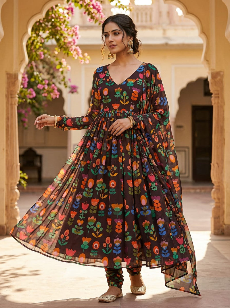Multicolor Stylized Folk Art Floral Pure Chiffon Digital Printed Fabric