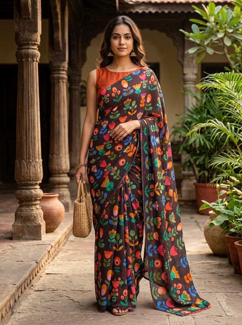 Multicolor Stylized Folk Art Floral Pure Chiffon Digital Printed Fabric