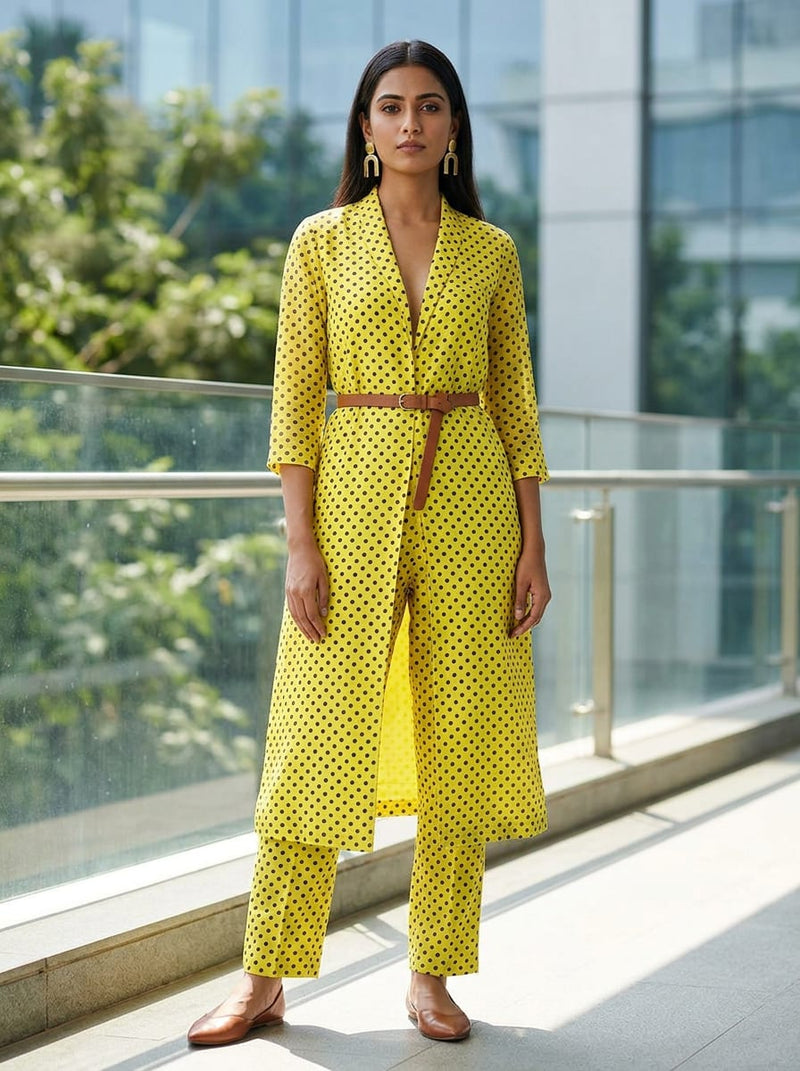Yellow Classic Black Polka Dot Kora Silk Digital Printed Fabric
