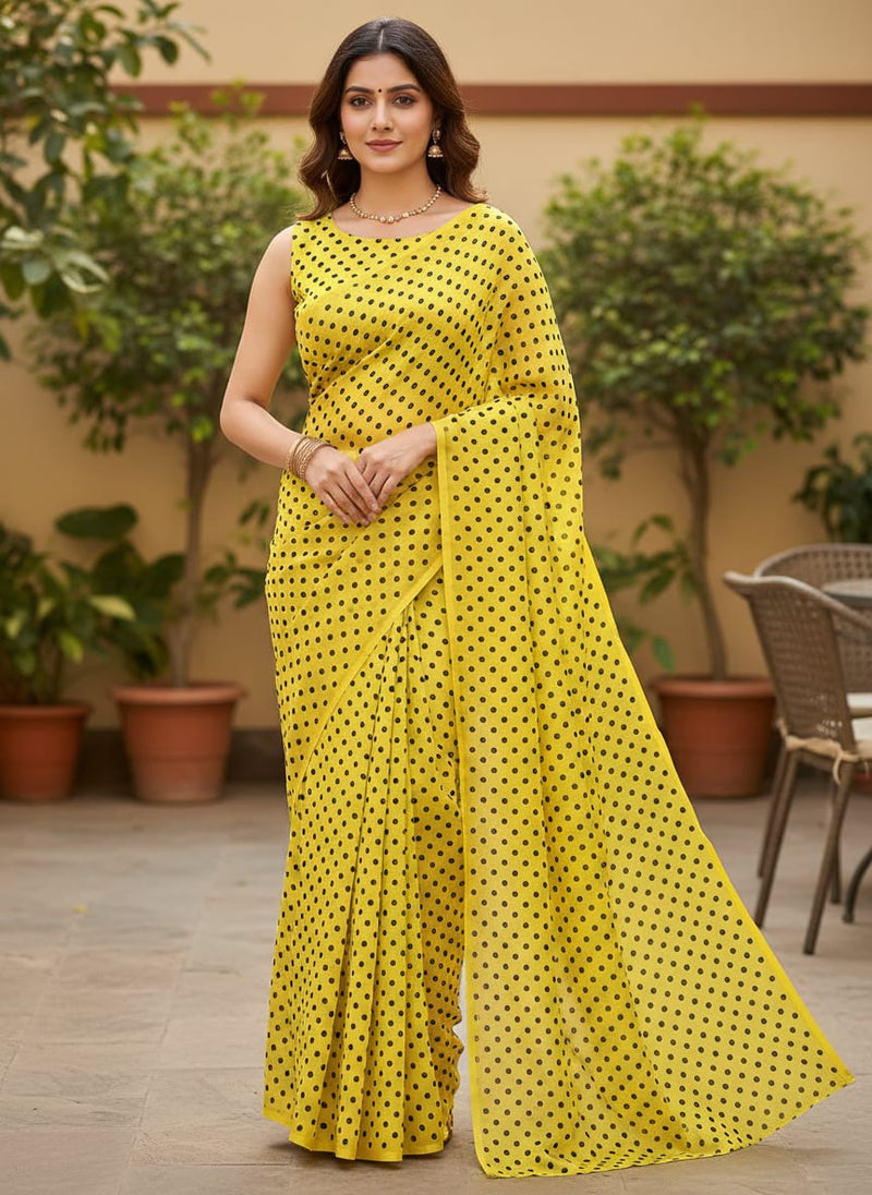 Yellow Polka Dot Digital Printed Fabric - Kora Silk